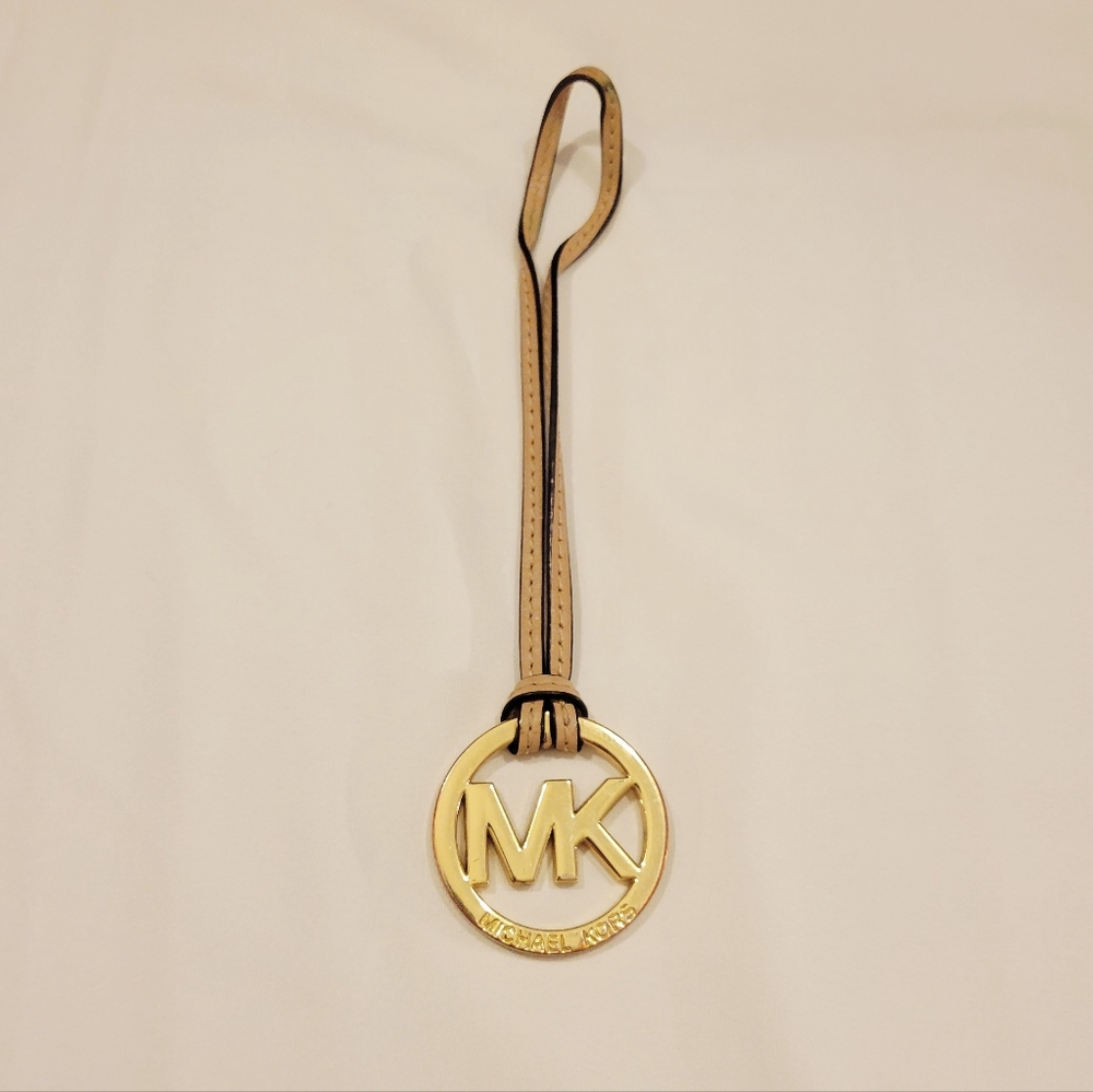 Michael Kors Large Gold MK Logo Bag Charm With Beige Leather Strap